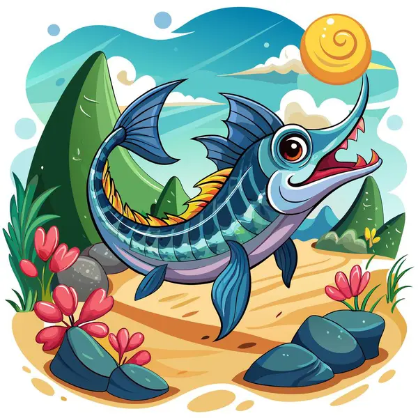 stock vector Chinese Paddlefish fish excited runs beach vector. AI generated image. Clipart cartoon deisgn icon