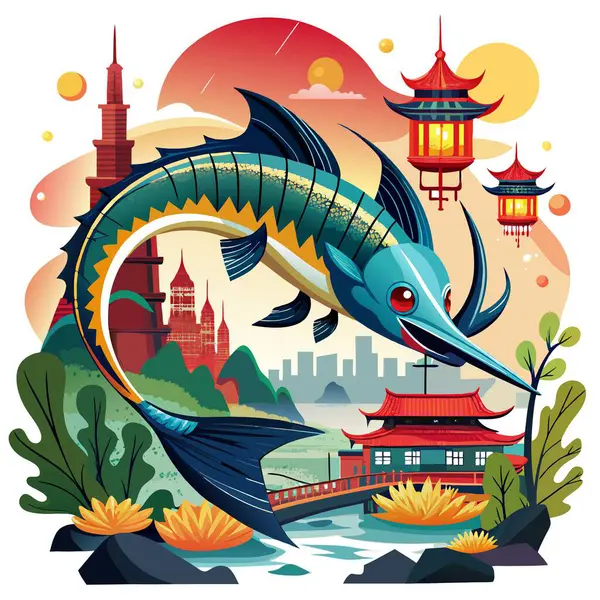 stock vector Chinese Paddlefish fish frantic stay city vector. AI generated image. Clipart cartoon deisgn icon