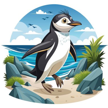 Chinstrap Penguen 'in korktuğu deniz vektörü. Yapay zeka görüntü oluşturdu. Clipart çizgi film deisgn simgesi