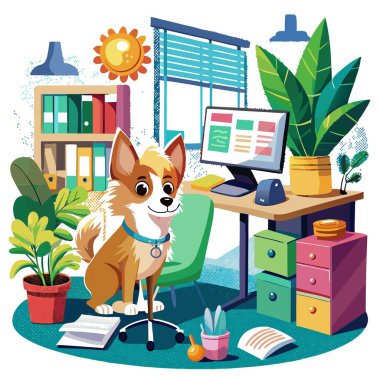 Chipoo Dog ofis vektörüne hayrandı. Yapay zeka görüntü oluşturdu. Clipart çizgi film deisgn simgesi