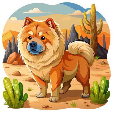 Chow Pom Dog çöl vektörünü izole etti. Yapay zeka görüntü oluşturdu. Clipart çizgi film deisgn simgesi