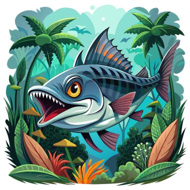 Cobia Fish saldırgan gülümseme orman vektörü. Yapay zeka görüntü oluşturdu. Clipart çizgi film deisgn simgesi