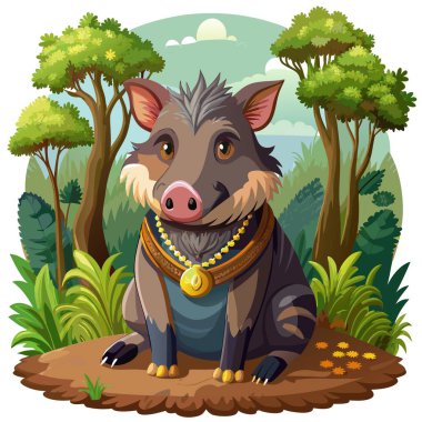 Yakalı Peccary domuzu ezilmiş orman vektörü oturuyor. Yapay zeka görüntü oluşturdu. Clipart çizgi film deisgn simgesi