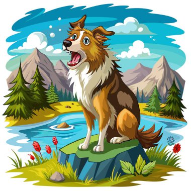 Collie köpeği güçsüz, göl vektörü ağlıyor. Yapay zeka görüntü oluşturdu. Clipart çizgi film deisgn simgesi