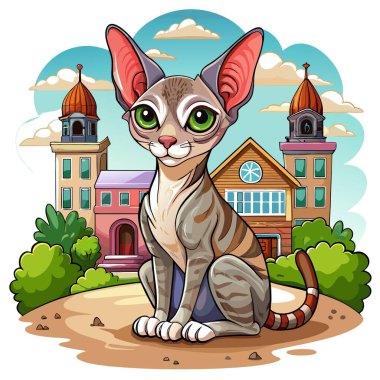 Cornish Rex kedisi türü okul vektörüdür. Yapay zeka görüntü oluşturdu. Clipart çizgi film deisgn simgesi