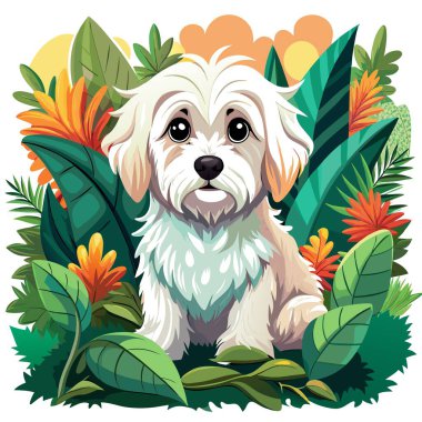 Coton De Tulear köpeği kızgın orman vektörünü endişelendirdi. Yapay zeka görüntü oluşturdu. Clipart çizgi film deisgn simgesi