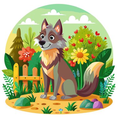 Coydog Happy çöl vektöründe dinleniyor. Yapay zeka görüntü oluşturdu. Clipart çizgi film deisgn simgesi