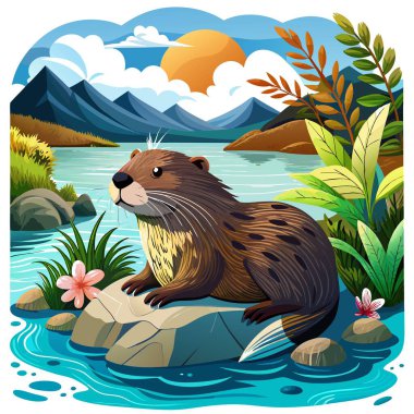 Coypu kunduzu kızgın deniz vektörünü dinlendiriyor. Yapay zeka görüntü oluşturdu. Clipart çizgi film deisgn simgesi