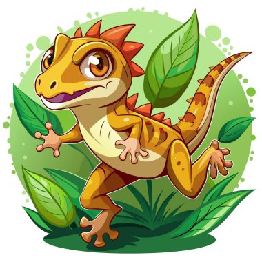 Crested Gecko okul vektörünü çalıştırıyor. Yapay zeka görüntü oluşturdu. Clipart çizgi film deisgn simgesi