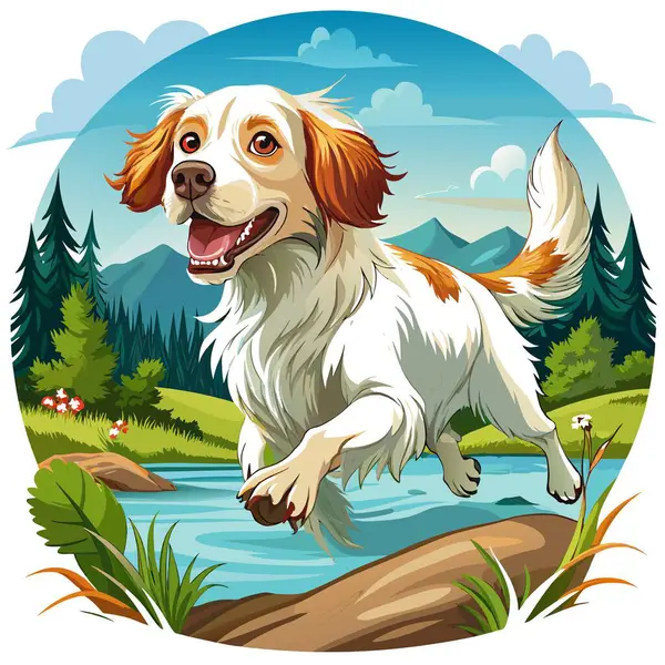 Muslukçu Spaniel köpek coşkusu göl vektörünü çalıştırıyor. Yapay zeka görüntü oluşturdu. Clipart çizgi film deisgn simgesi