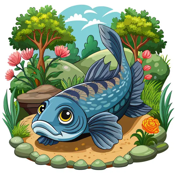 stock vector Coelacanth fish in shock rests garden vector. AI generated image. Clipart cartoon deisgn icon