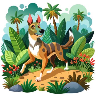 Danish Farmdog dog stupid goes jungle vector. AI generated image. Clipart cartoon deisgn icon clipart