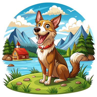 Danish Farmdog dog sublime laughs lake vector. AI generated image. Clipart cartoon deisgn icon clipart