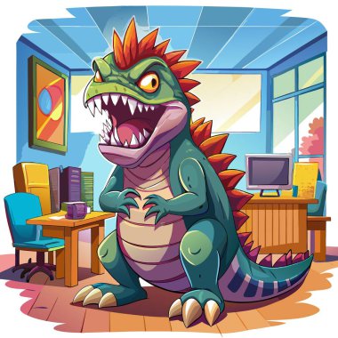 Dimetrodon dinazoru hayret içinde köy vektörüyle koşuyor. Yapay zeka görüntü oluşturdu. Clipart çizgi film deisgn simgesi