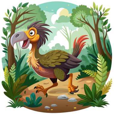 Dodo kuşu sempatik olarak orman vektörünü çalıştırıyor. Yapay zeka görüntü oluşturdu. Clipart çizgi film deisgn simgesi