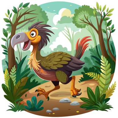 Dodo bird sympathetic runs forest vector. AI generated image. Clipart cartoon deisgn icon clipart