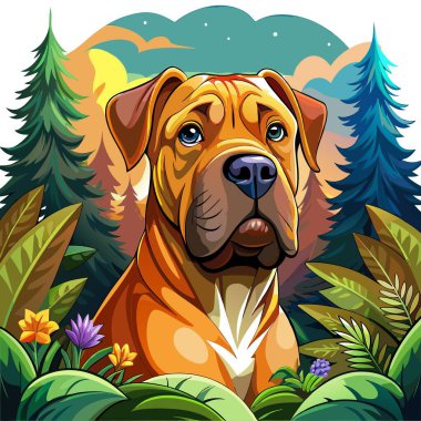 Dogue De Bordeaux köpeği orman vektörüne benziyor. Yapay zeka görüntü oluşturdu. Clipart çizgi film deisgn simgesi