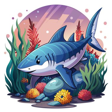 Dusky Shark balığı depresif deniz taşıyıcısıdır. Yapay zeka görüntü oluşturdu. Clipart çizgi film deisgn simgesi