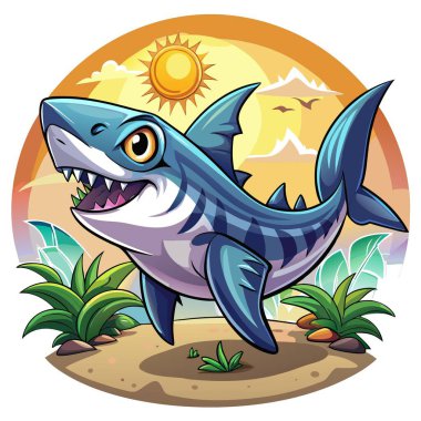 Dusky Shark balığı plaj taşıyıcısıdır. Yapay zeka görüntü oluşturdu. Clipart çizgi film deisgn simgesi