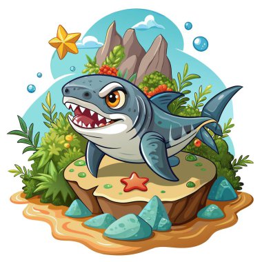 Dusky Shark balığı orman vektöründe hayal kırıklığına uğradı. Yapay zeka görüntü oluşturdu. Clipart çizgi film deisgn simgesi