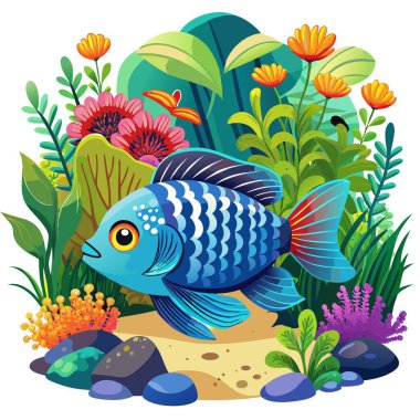Cüce Gourami balığının neşesiz bahçesi vardır. Yapay zeka görüntü oluşturdu. Clipart çizgi film deisgn simgesi