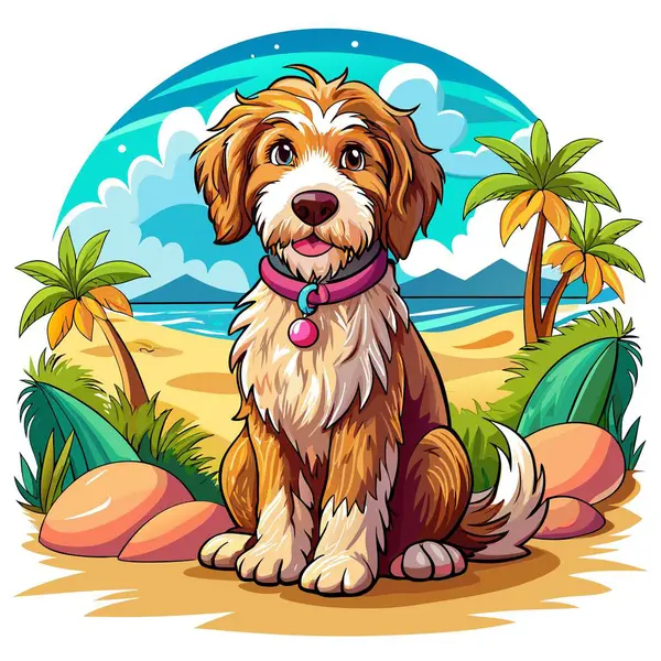 Çifte Doodle köpeği plaj vektöründe oturuyor. Yapay zeka görüntü oluşturdu. Clipart çizgi film deisgn simgesi