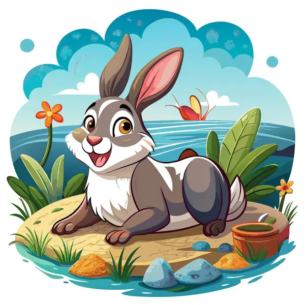 stock vector Dutch Rabbit excited lies ocean vector. AI generated image. Clipart cartoon deisgn icon