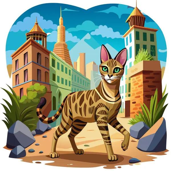 stock vector Egyptian Mau cat charming walks street vector. AI generated image. Clipart cartoon deisgn icon