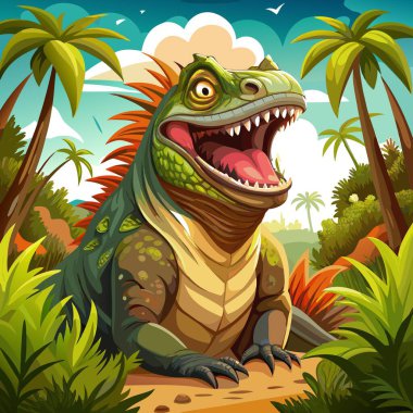 Galapagos Land Iguana hayırsever, orman vektörüne gülüyor. Yapay zeka görüntü oluşturdu. Clipart çizgi film deisgn simgesi