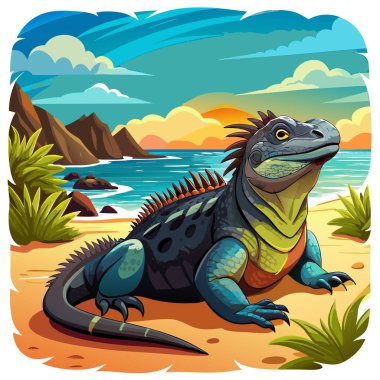 Galapagos Deniz İguanası 'nın aşağılanması okyanus vektörüdür. Yapay zeka görüntü oluşturdu. Clipart çizgi film deisgn simgesi