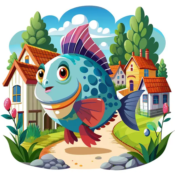 Stock vector Flowerhorn Fish tender walks village vector. AI generated image. Clipart cartoon deisgn icon