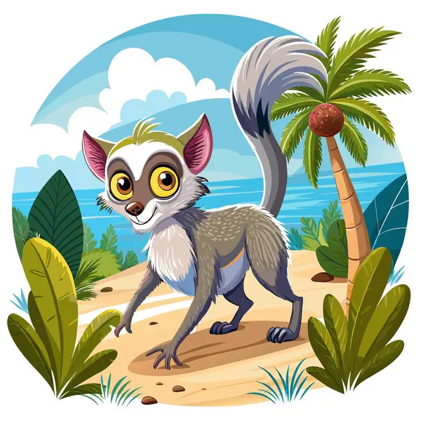 stock vector Galago monkey humiliated walks beach vector. AI generated image. Clipart cartoon deisgn icon