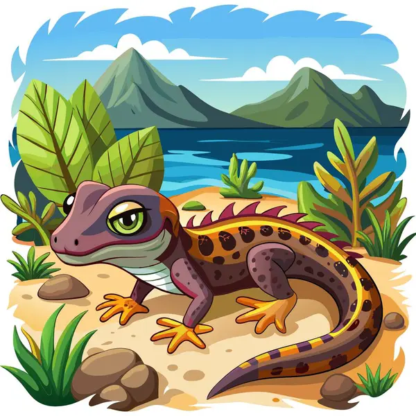 stock vector Galapagos Gecko lizard scared lies sea vector. AI generated image. Clipart cartoon deisgn icon