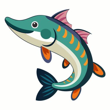 Zincirli Pickerel balığı, kawaii kalır. Yapay zeka görüntü oluşturdu. Clipart çizgi film deisgn simgesi