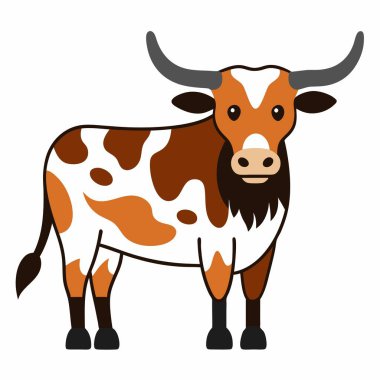 İngiliz Longhorn sığır ineği kawaii konuşur. Yapay zeka görüntü oluşturdu. Clipart çizgi film deisgn simgesi