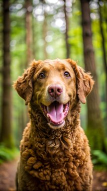 Kıvırcık Köpek ormana güler. Yapay zeka fotoğraf üretti. 4K Portre Öngörünüm 8K. HD Resim Arkaplanı