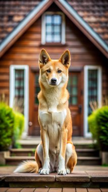 Dingo köpeği evde oturuyor. Yapay zeka fotoğraf üretti. 4K Portre Öngörünüm 8K. HD Resim Arkaplanı