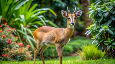 Duiker geyiği bahçede kalır. Yapay zeka fotoğraf üretti. 4K Portre Öngörünüm 8K. HD Resim Arkaplanı