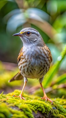 Dunnock kuşu ormanda yürüyor. Yapay zeka fotoğraf üretti. 4K Portre Öngörünüm 8K. HD Resim Arkaplanı