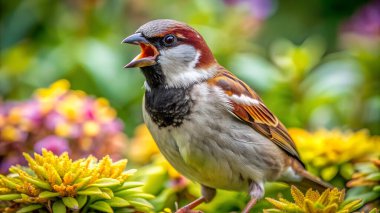 İngiliz serçesi kızgın bahçe. Yapay zeka fotoğraf üretti. 4K Portre Öngörünüm 8K. HD Resim Arkaplanı