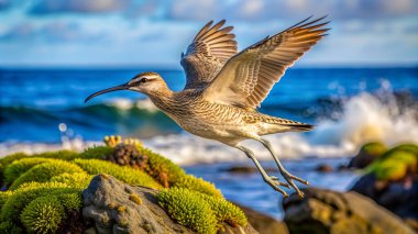 Galapagos Whimbrel Bird adaya atlıyor. Yapay zeka fotoğraf üretti. 4K Portre Öngörünüm 8K. HD Resim Arkaplanı