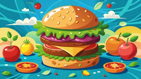 stock vector Cheeseburger with beef patty and vegetables. . AI generated. Vector icon