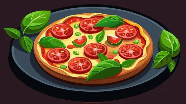 stock vector A pizza with tomatoes and basil on a black plate. AI generated. Vector icon