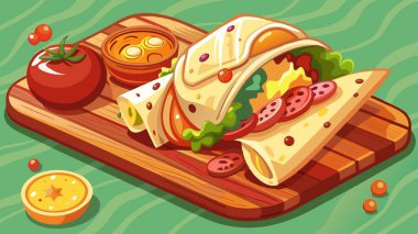 Burrito Filled With Eggs and Bacon on Cutting Board. AI generated. Vector icon clipart