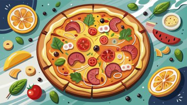 Chinese pizza with meat, bacon and olives, top view. AI generated. Vector icon clipart