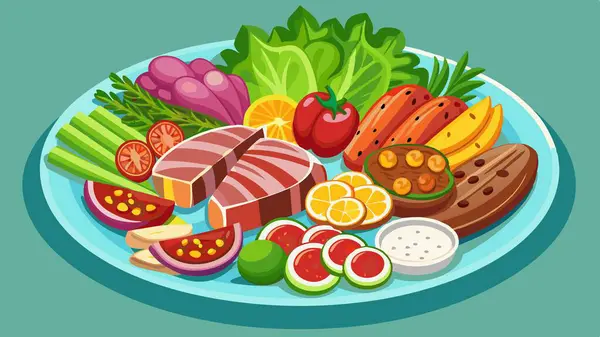 stock vector A plate of food with a variety of meats and vegetables. AI generated. Vector icon