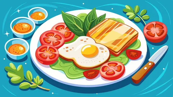 stock vector A white plate topped with eggs, bacon, toast and tomatoes. AI generated. Vector icon