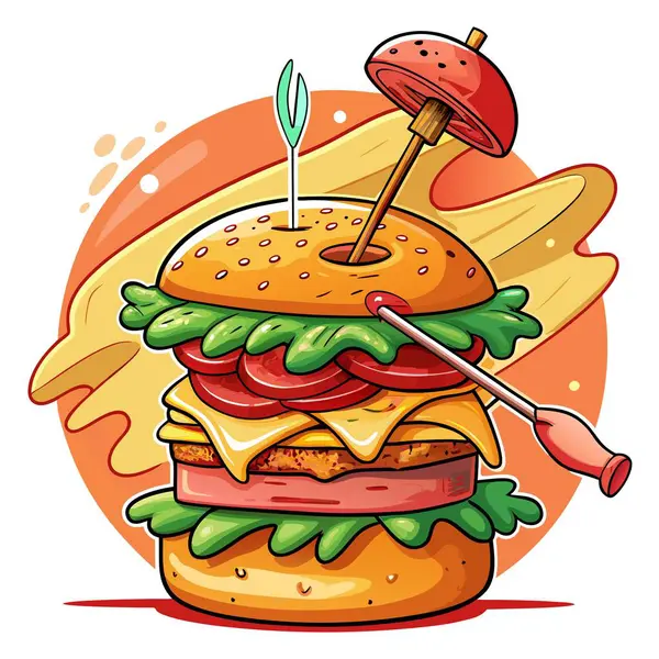 stock vector Hand fastening a tall bacon cheeseburger with a toothpick. AI generated. Vector icon