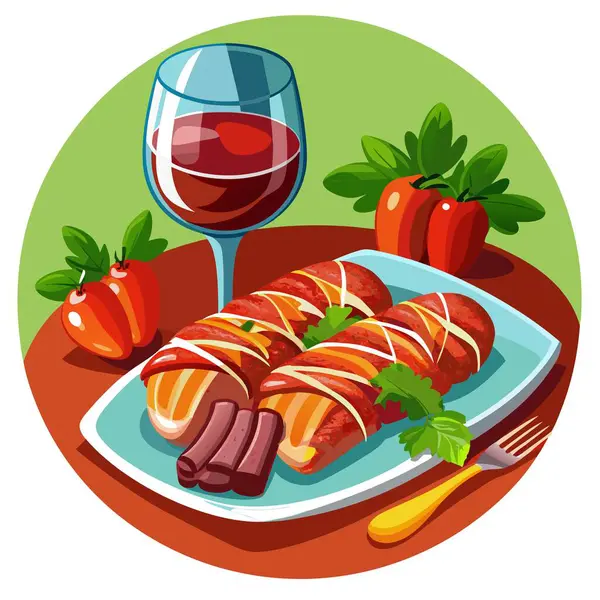 stock vector Grilled bacon wrapped little sausages served with red wine. AI generated. Vector icon