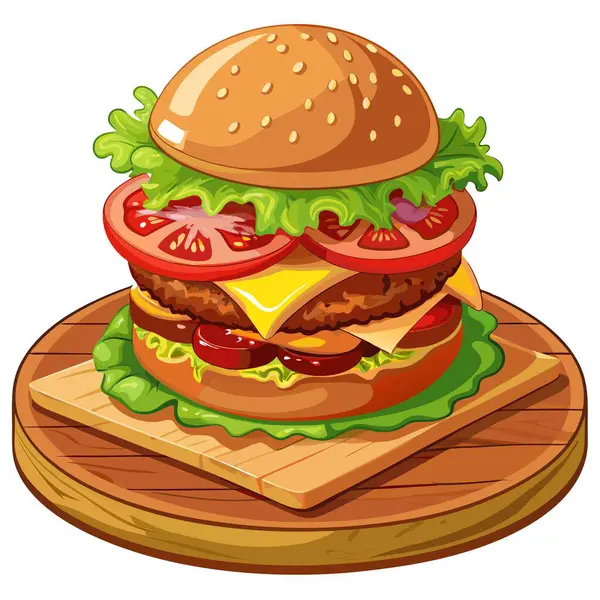 stock vector A large hamburger with bacon and tomatoes on a wooden board. AI generated. Vector icon